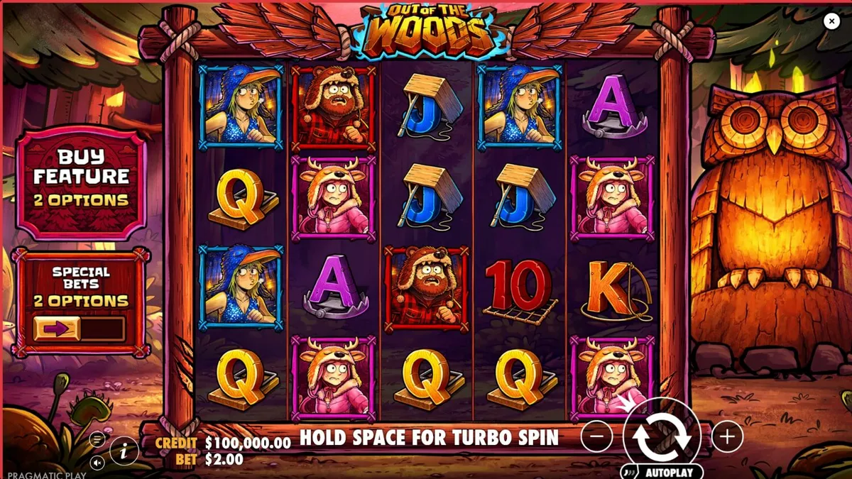 Pemandangan hutan misterius dengan karakter lucu dalam slot Out of the Woods